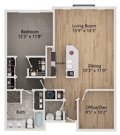 A floor plan of a small apartment with a living room, bedroom, dining area, bathroom, and office/den.